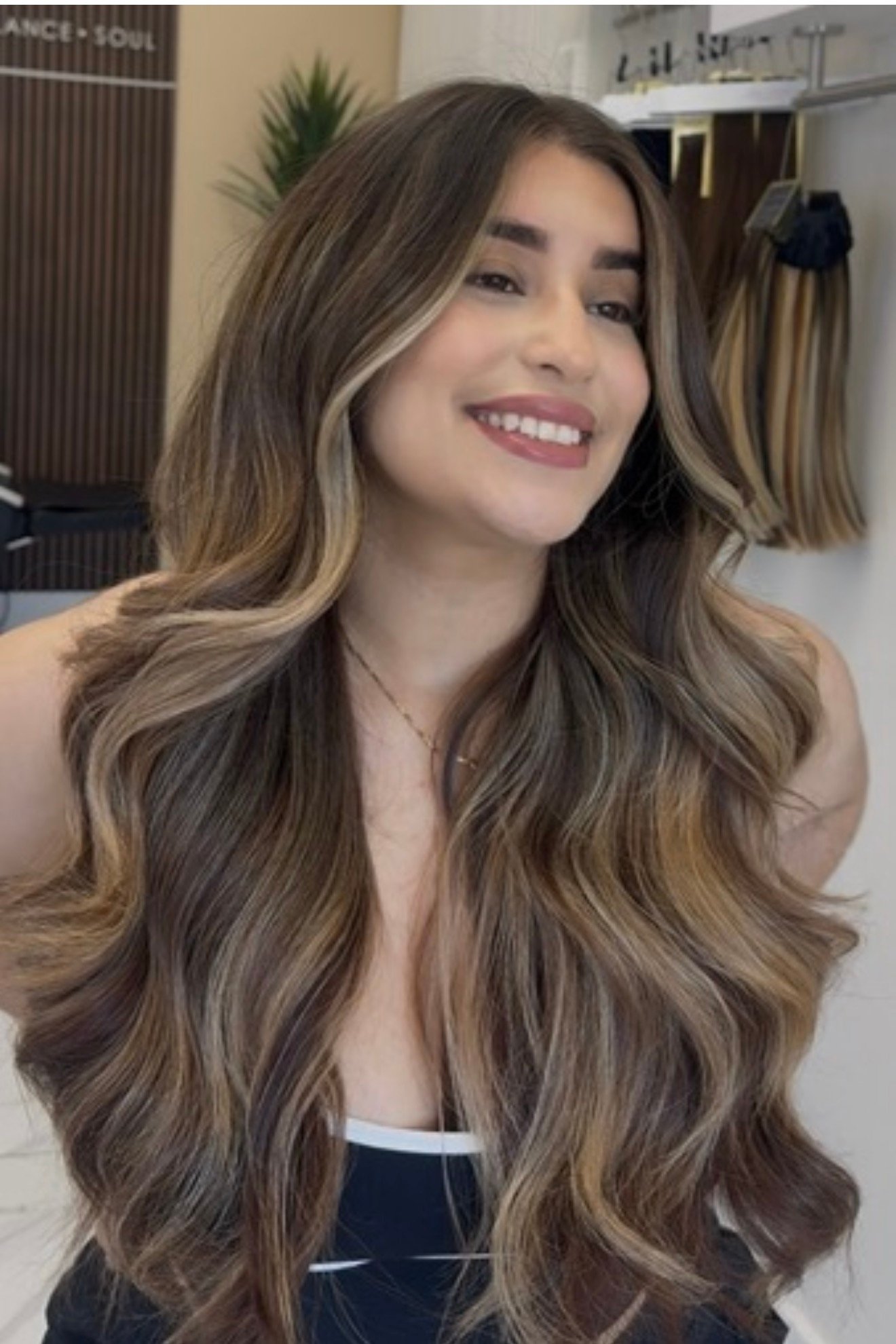 Warm brunette balayage waves by RG Hair by Rey